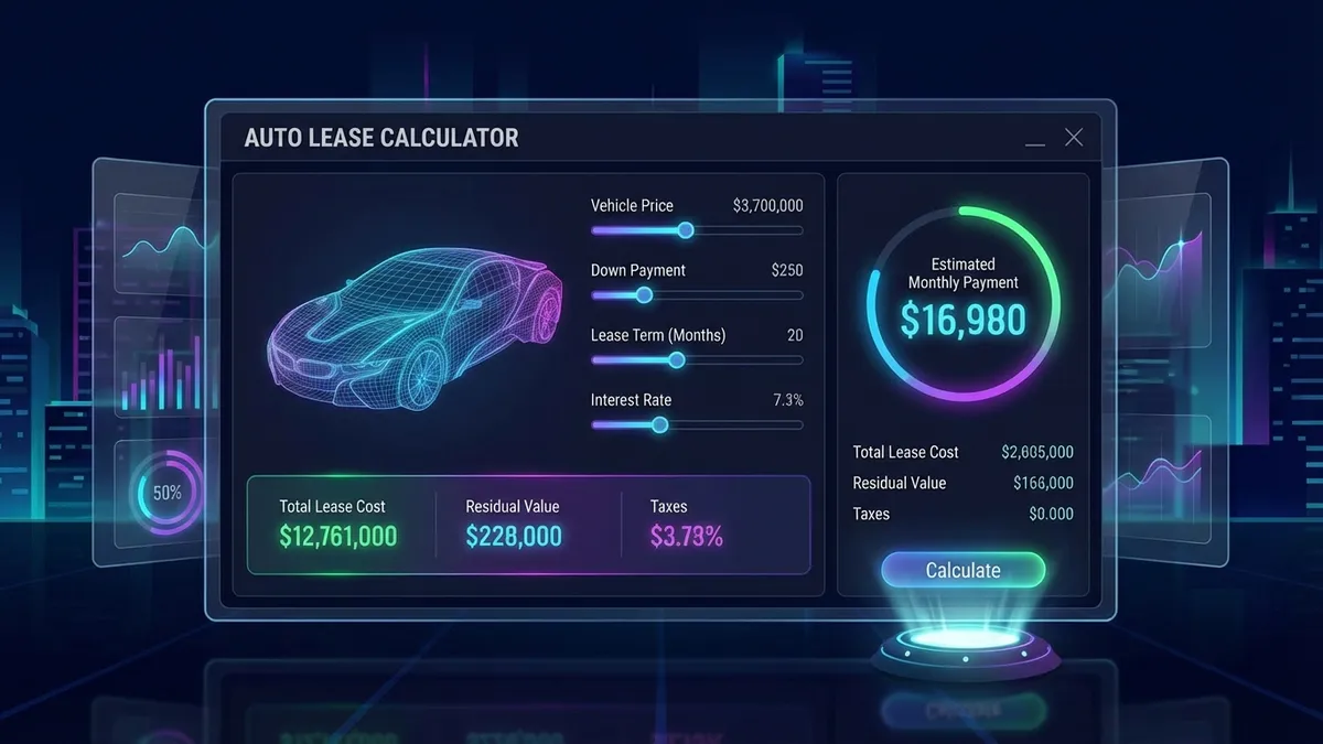 Futuristic dashboard interface displaying auto lease metrics, interest curves, and monthly payment breakdown in a sleek dark mode design
