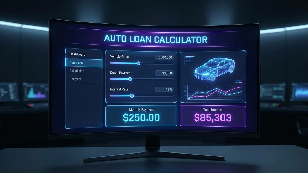 Modern car dashboard interface showing auto loan analytics and payment breakdown