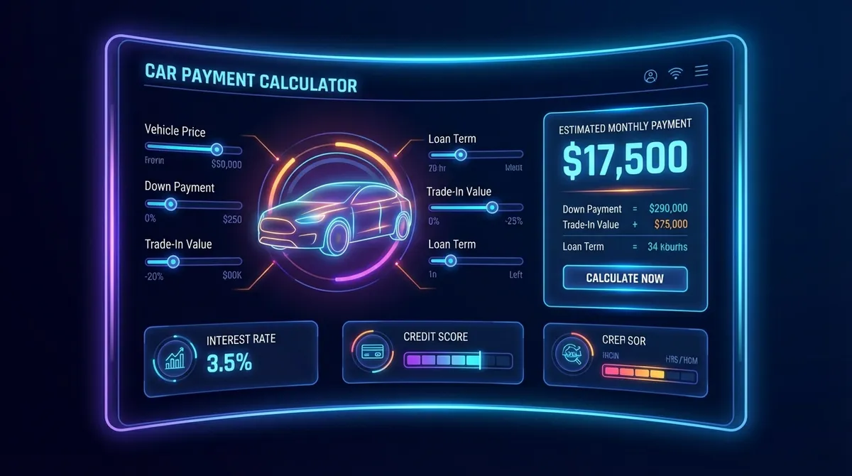 Car Calculator Payment Interface displaying monthly payment breakdown and amortization schedule