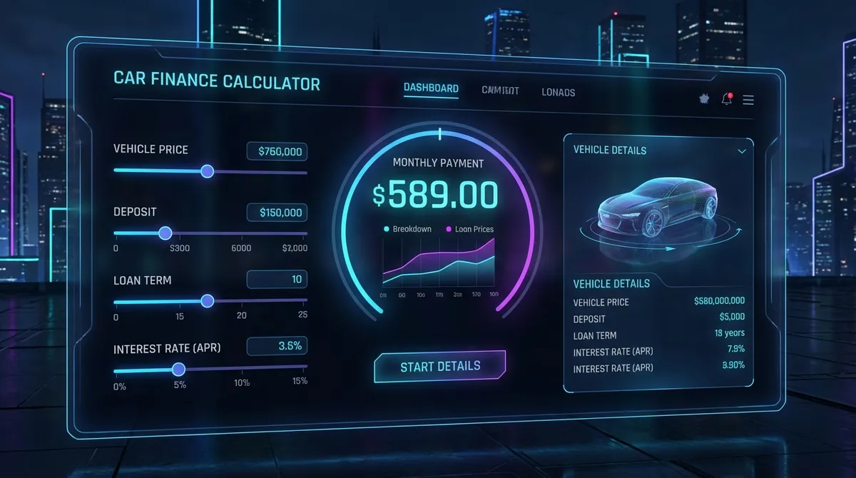 Car Finance Calculator interface showing loan breakdown and payment options