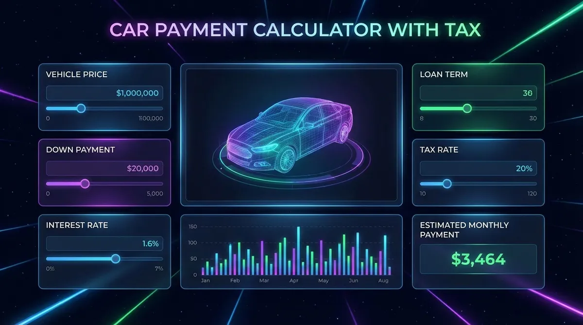 Car payment calculator interface showing tax breakdown and out-the-door price analysis