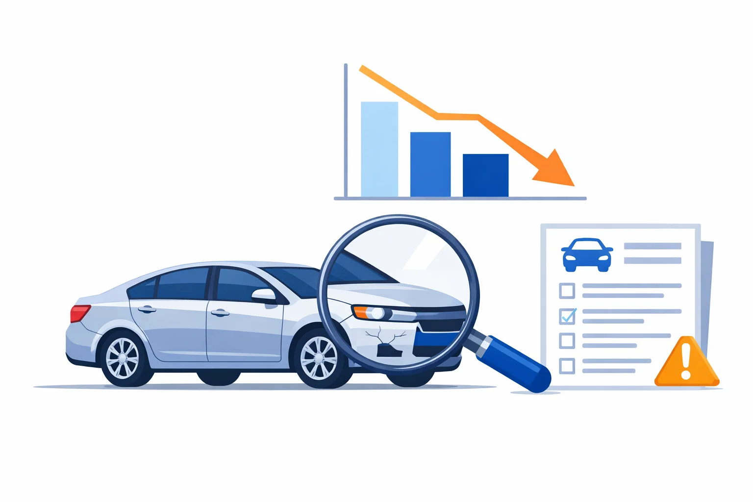 Diminished value calculator: damaged car under a magnifying glass, falling value chart, vehicle history report