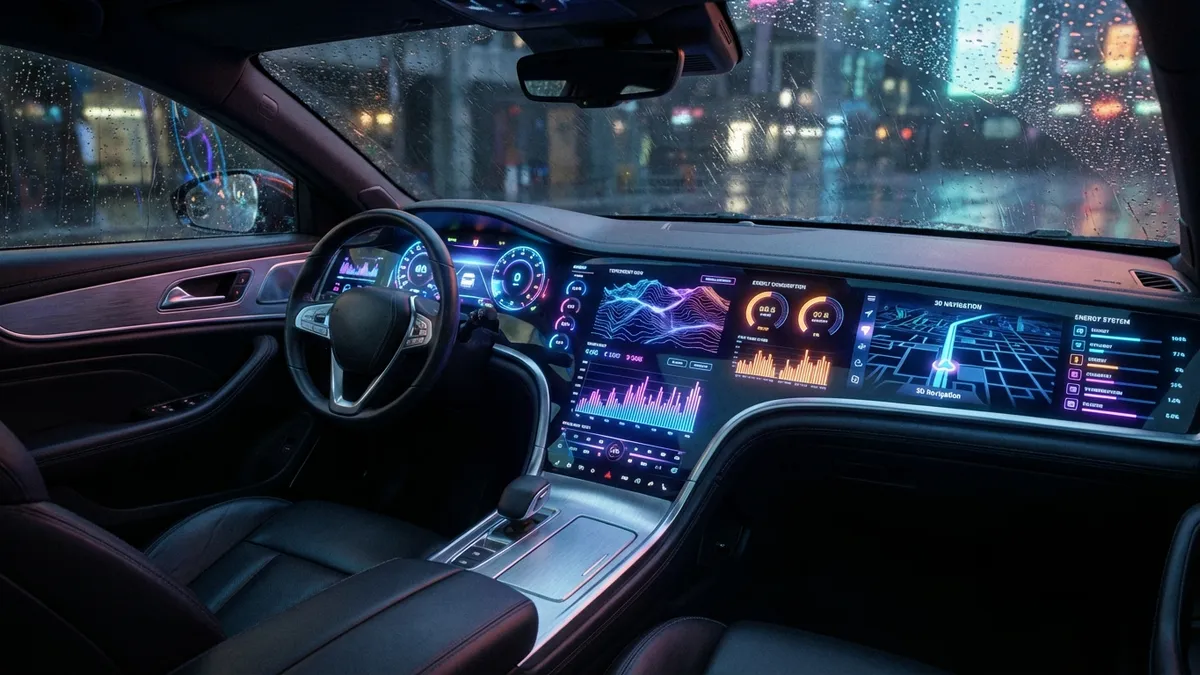 Futuristic car dashboard interface displaying payment metrics and interest curves