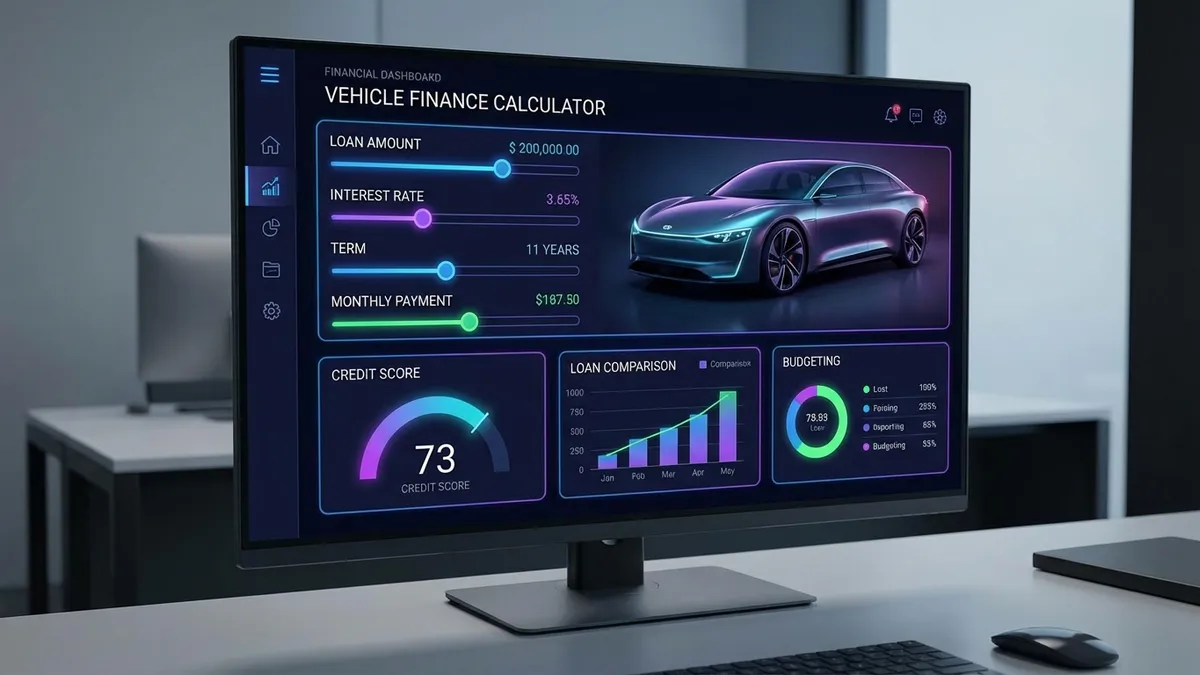 Futuristic vehicle finance dashboard showing loan analytics and payment curves