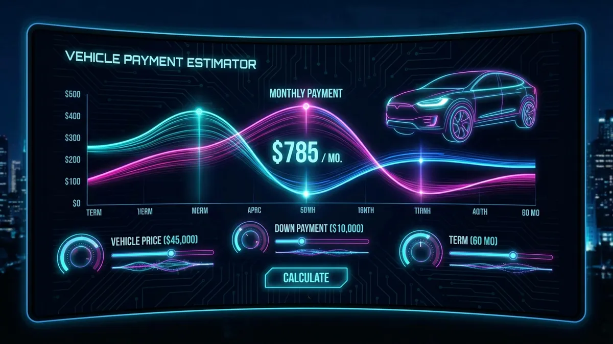Futuristic vehicle payment calculator interface showing monthly costs and interest breakdown