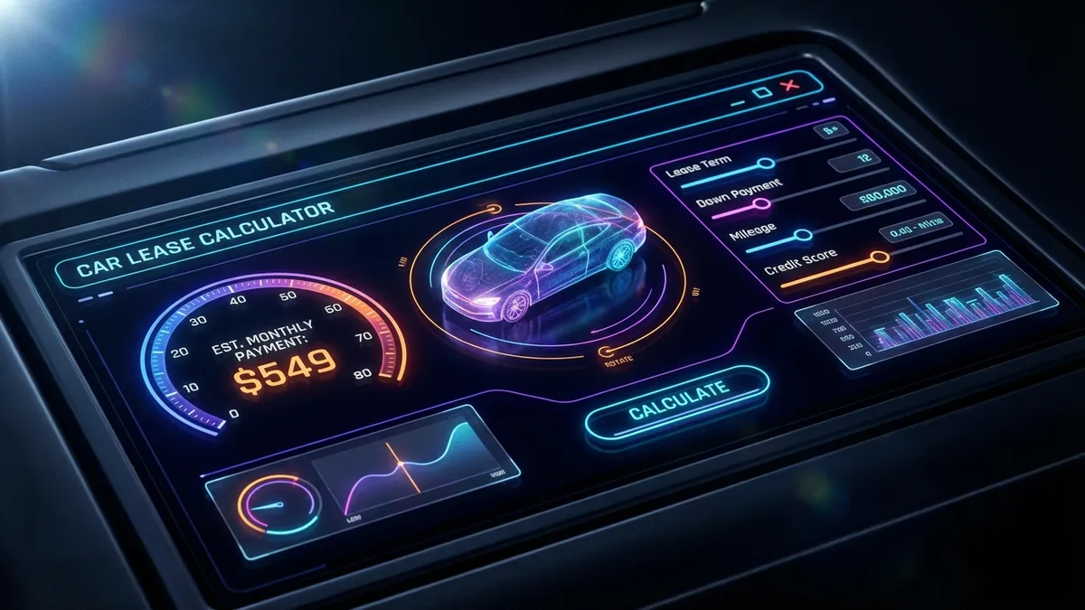 Futuristic car lease calculator interface with neon charts and dark mode design