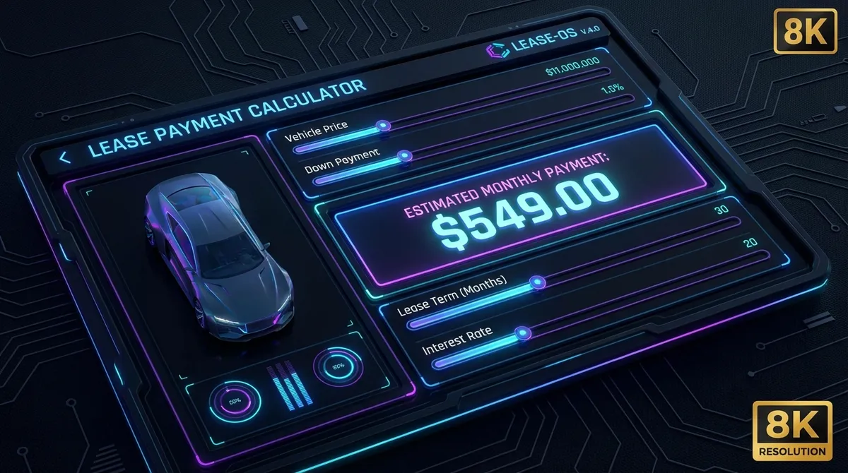 Futuristic dashboard interface displaying lease payment metrics, depreciation curves, and interest rates in a dark mode style with neon accents.