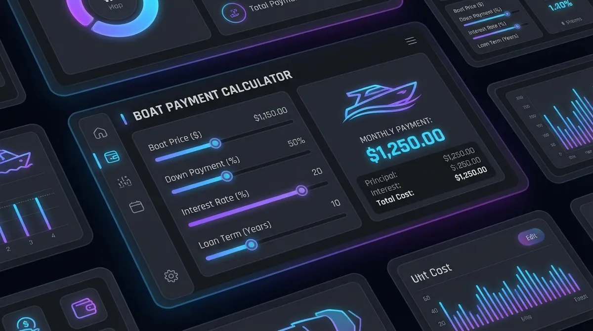 Boat Payment Calculator interface, sleek modern dashboard, futuristic style, ui design, high resolution, dark mode, neon accents