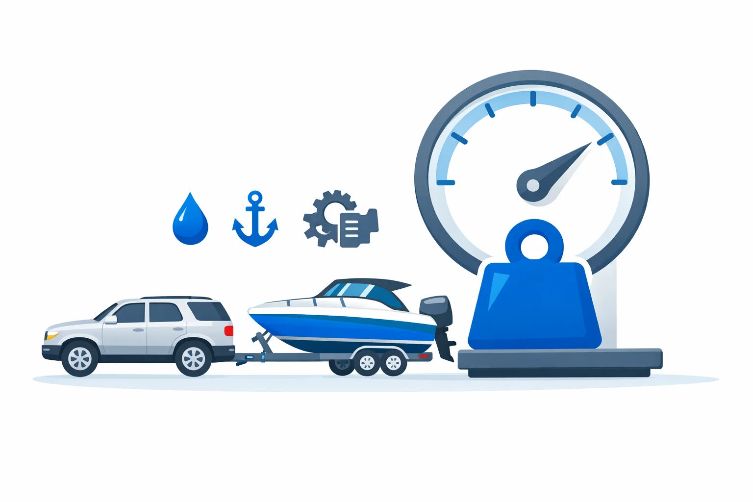 Boat trailer weight calculator illustration showing an SUV towing a boat on a trailer with a weight scale