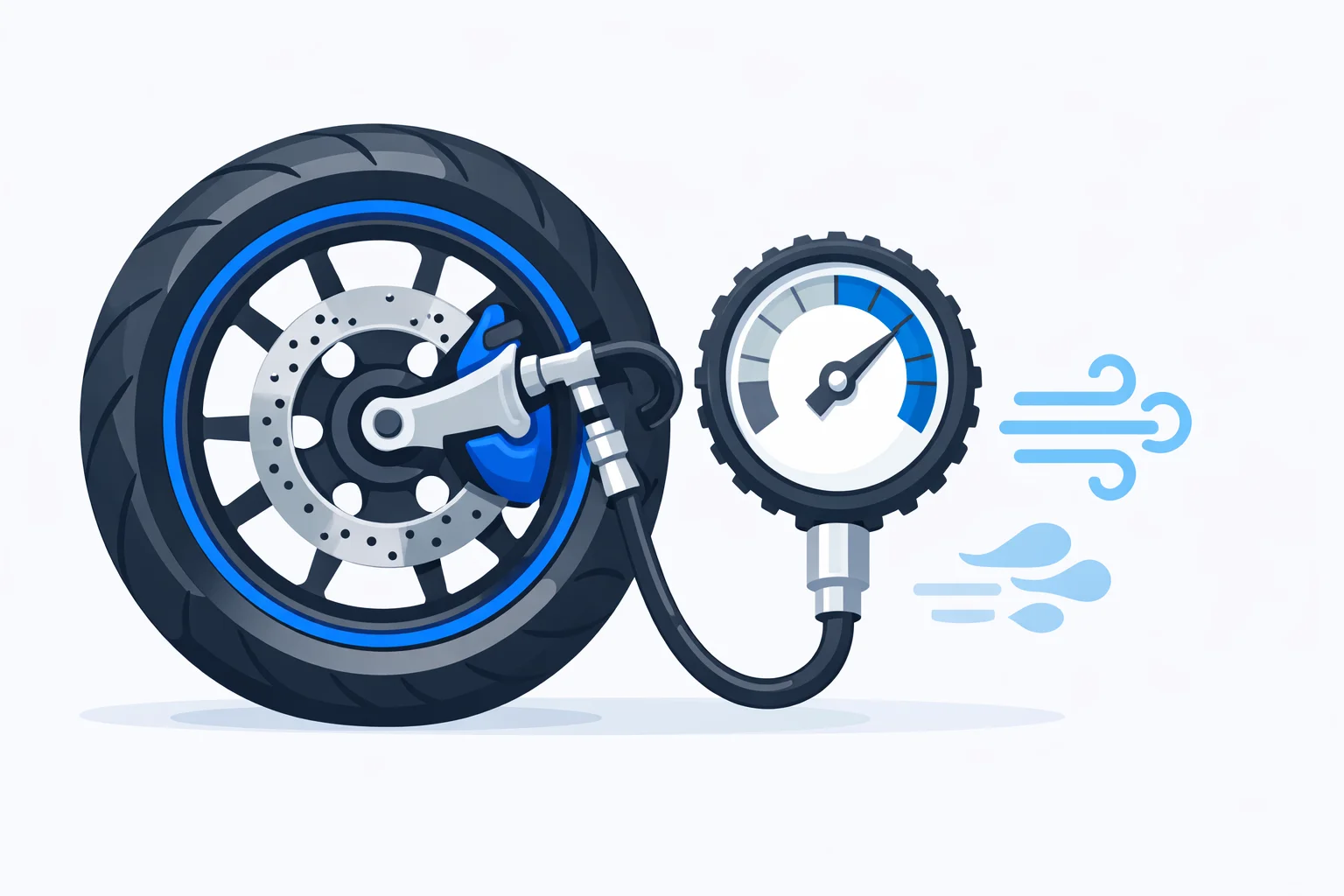Motorcycle tire pressure calculator illustration showing a bike wheel, pressure gauge and PSI dial with blue accents