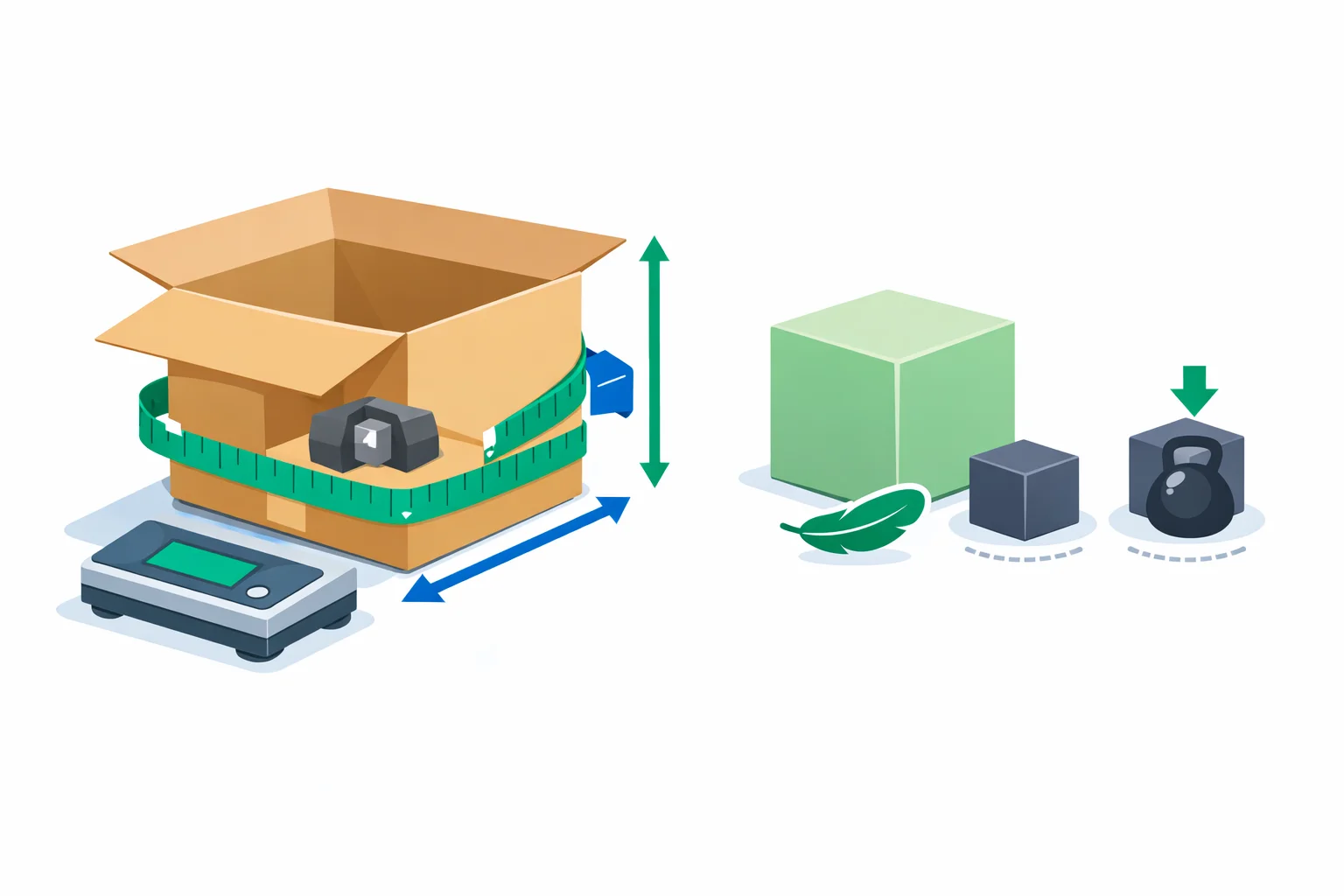 Dimensional weight calculator illustration: large box on a shipping scale with measuring tape and dimension arrows