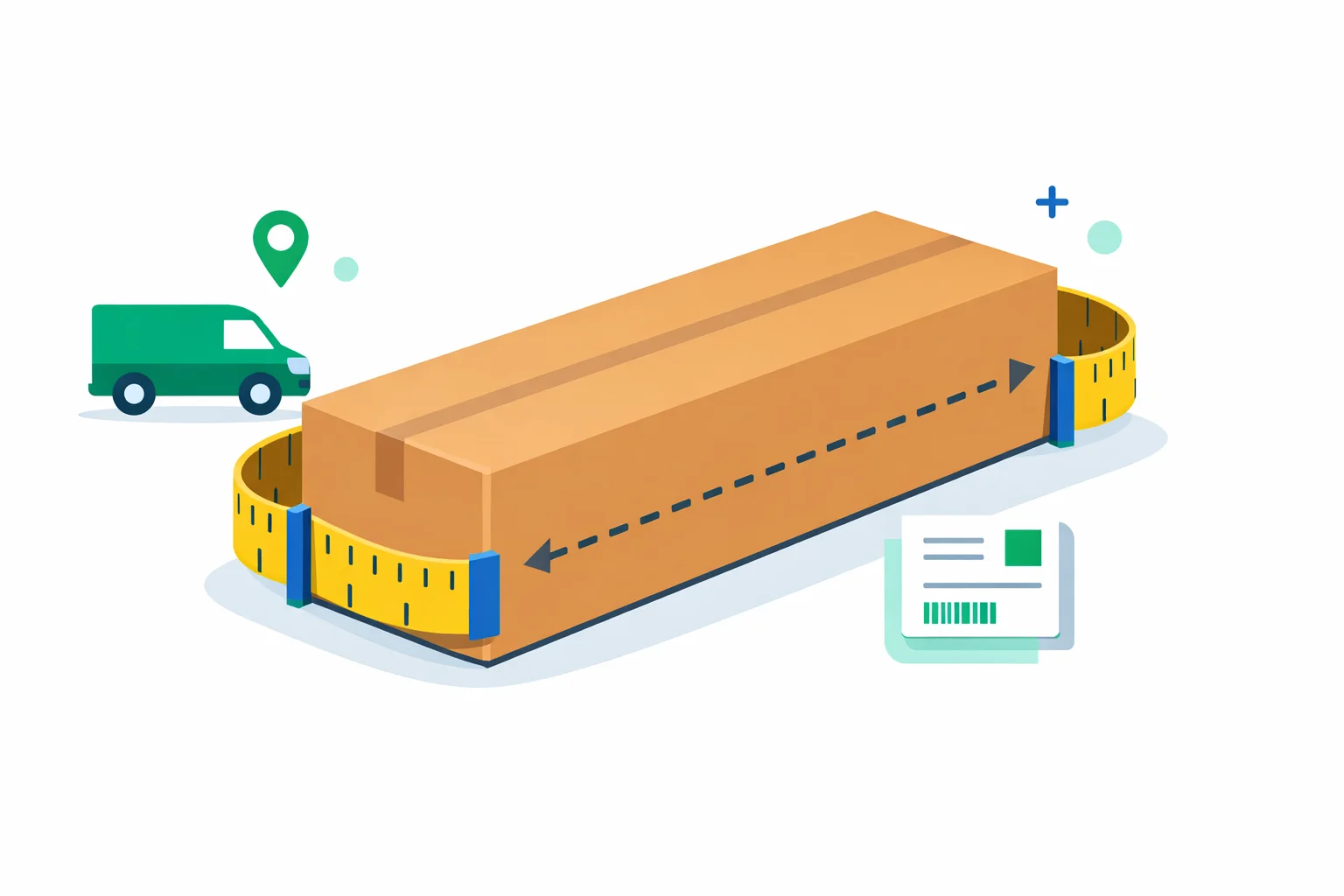 Package girth calculator illustration showing a long cardboard box wrapped by a measuring tape around its two shorter sides