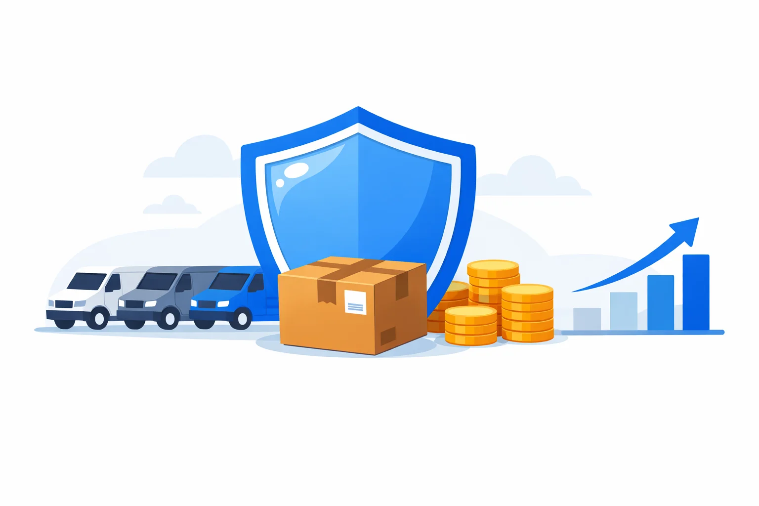 Shipping insurance illustration: parcel under a shield beside three delivery vans, coins and a rising coverage chart