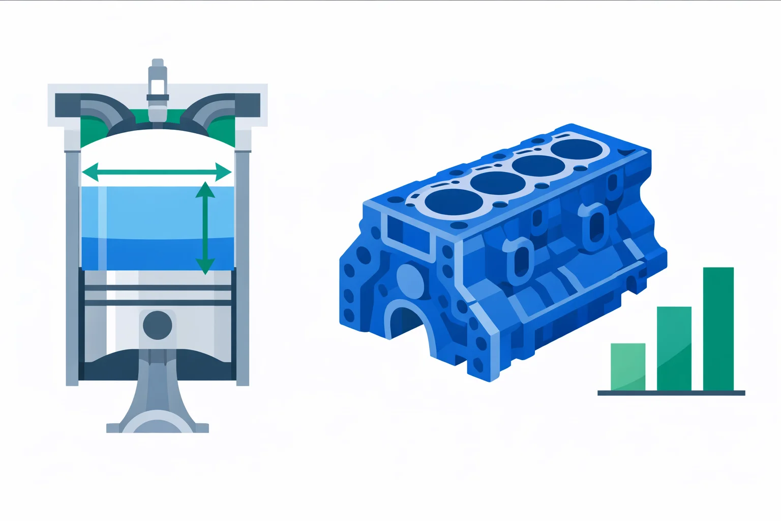 Engine displacement diagram showing cylinder bore, piston stroke and the shaded swept volume beside a four-cylinder block