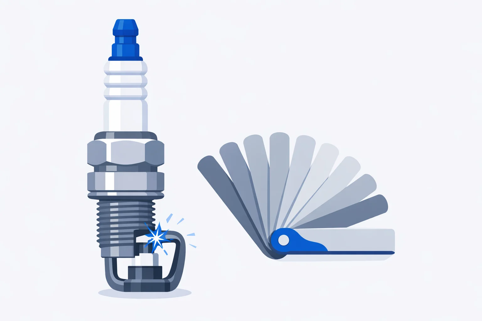 Spark plug gap calculator illustration: spark plug with a spark arcing across its electrode gap, beside feeler gauge blades