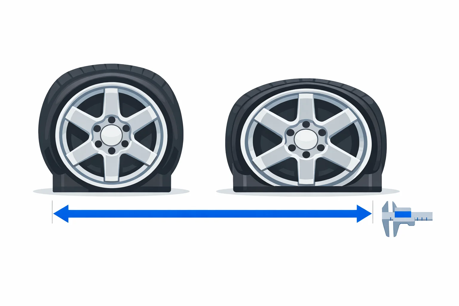 Tire stretch calculator diagram comparing a bulging sidewall on a narrow rim with a stretched tire on a wider wheel