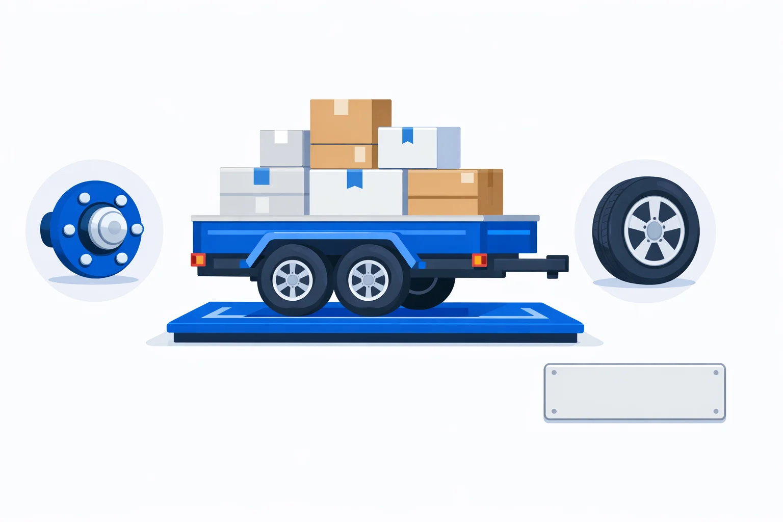Trailer payload calculator illustration: loaded tandem utility trailer with GVWR label, axle hub and tire load ratings